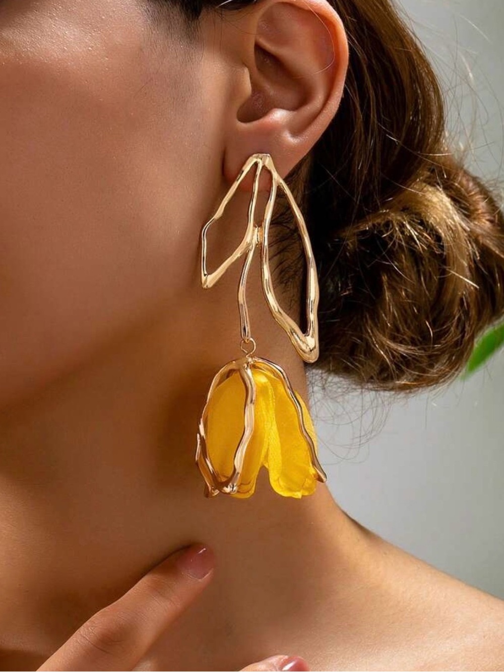 Gold Floral Drop Earrings with Yellow Petal Accent